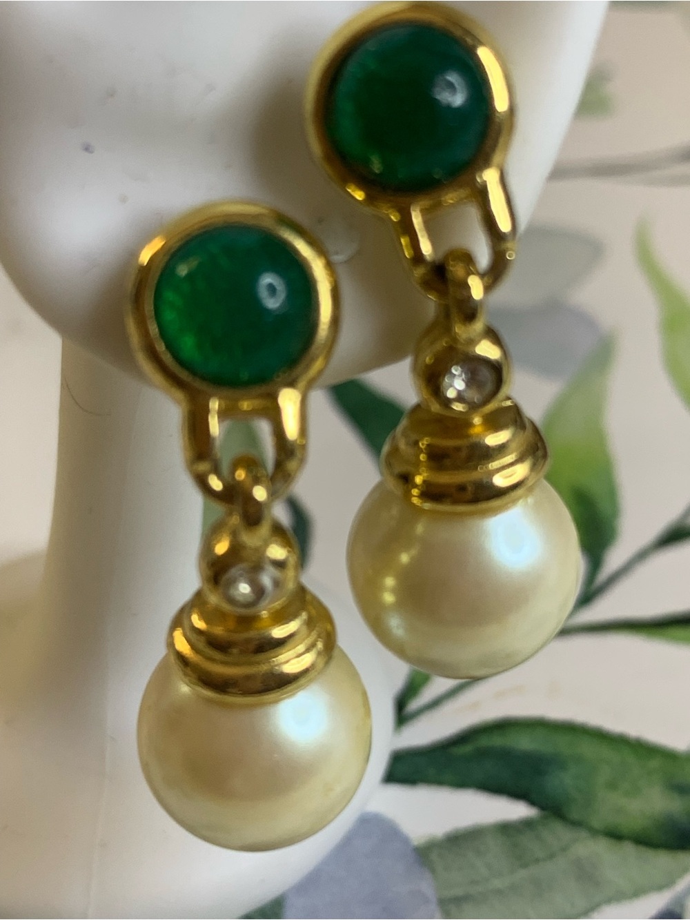 Gold-Tone Green Stone and Pearl Drop Earrings